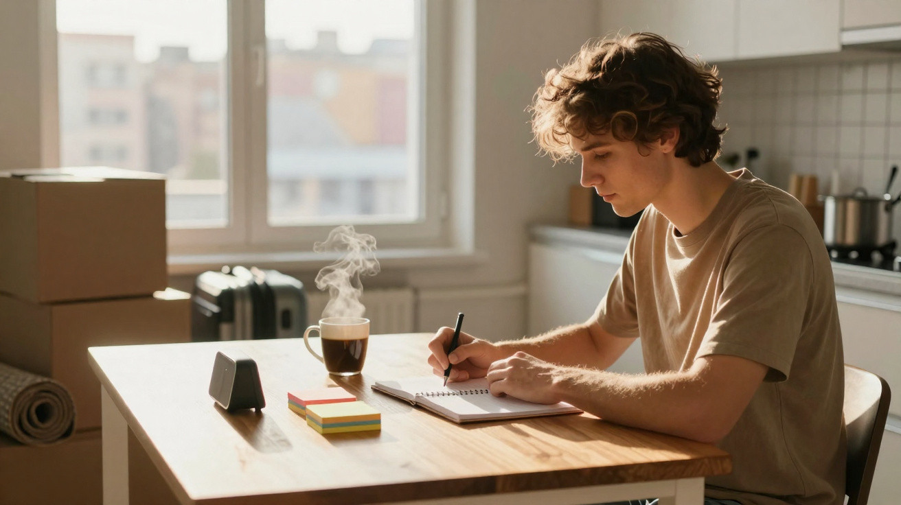 Jovem sentado em mesa escrevendo em caderno com café quente em um ambiente iluminado pela janela.