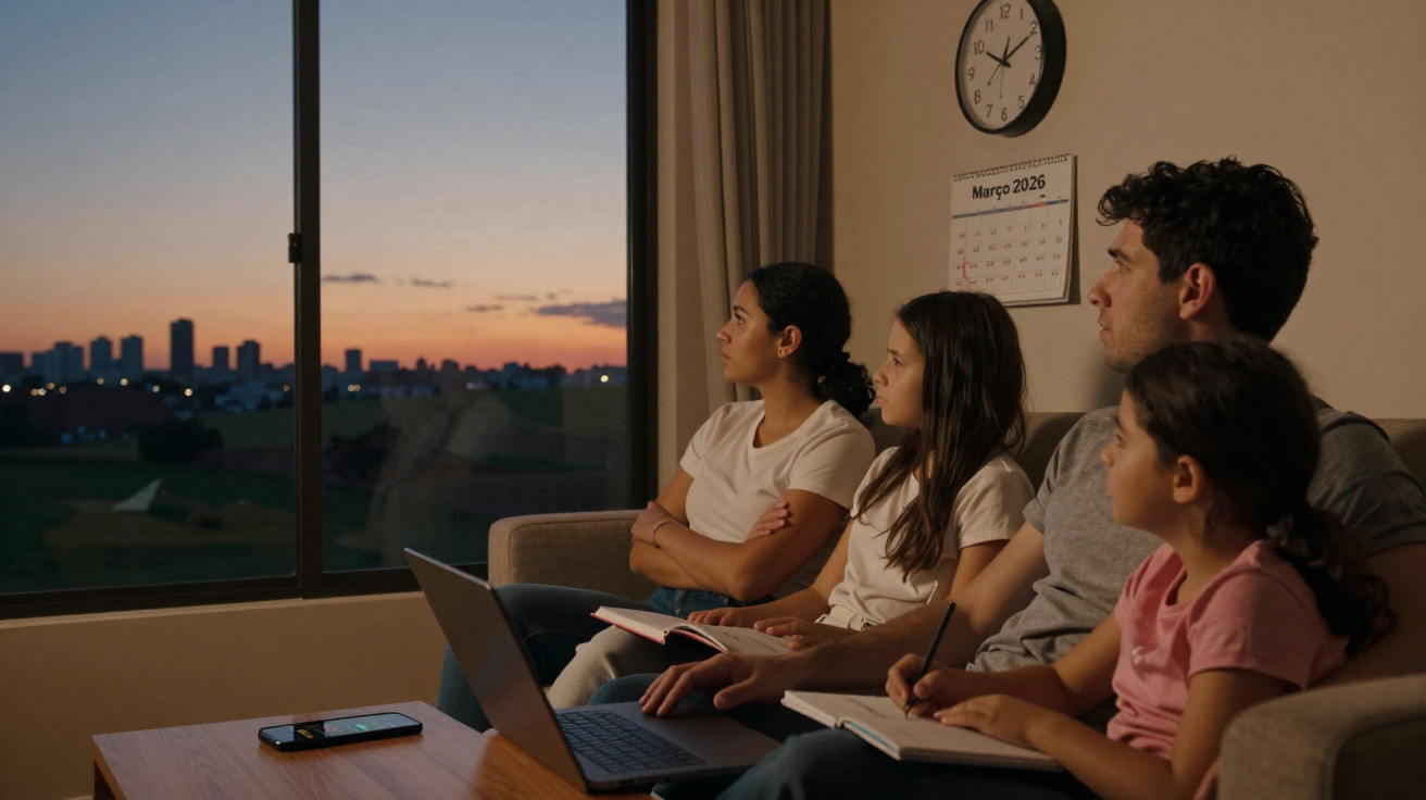 Família sentada no sofá com livros e laptop, olhando pela janela ao pôr do sol.