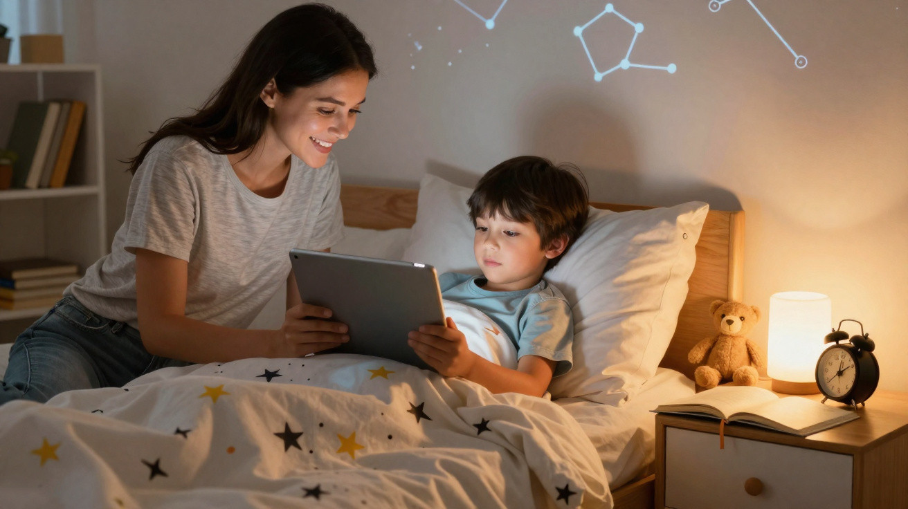 Mãe lê história para filho no tablet antes de dormir em quarto com iluminação suave e decoração estrelada.