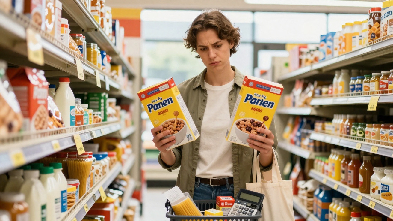 Pessoa jovem no supermercado comparando duas caixas de cereal na mão enquanto decide a compra.