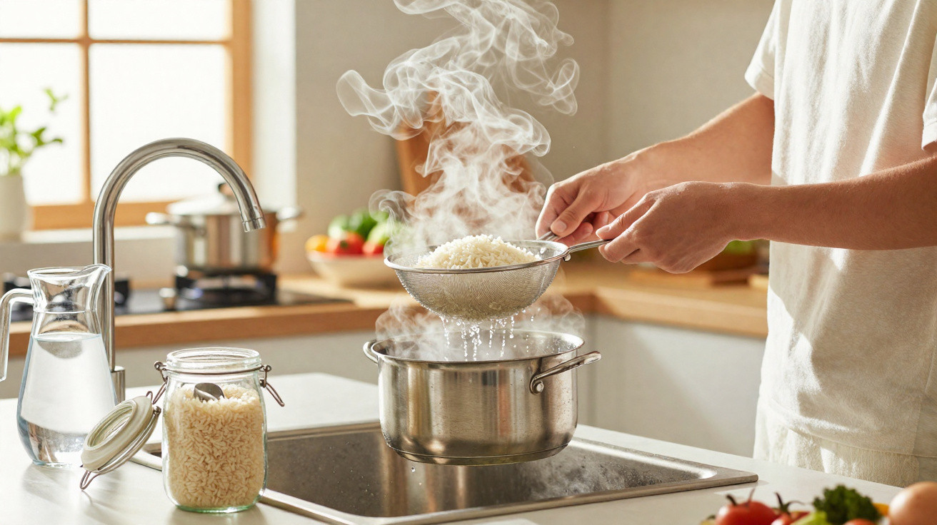 Pessoa escorrendo arroz cozido em peneira sobre panela com vapor na cozinha moderna.