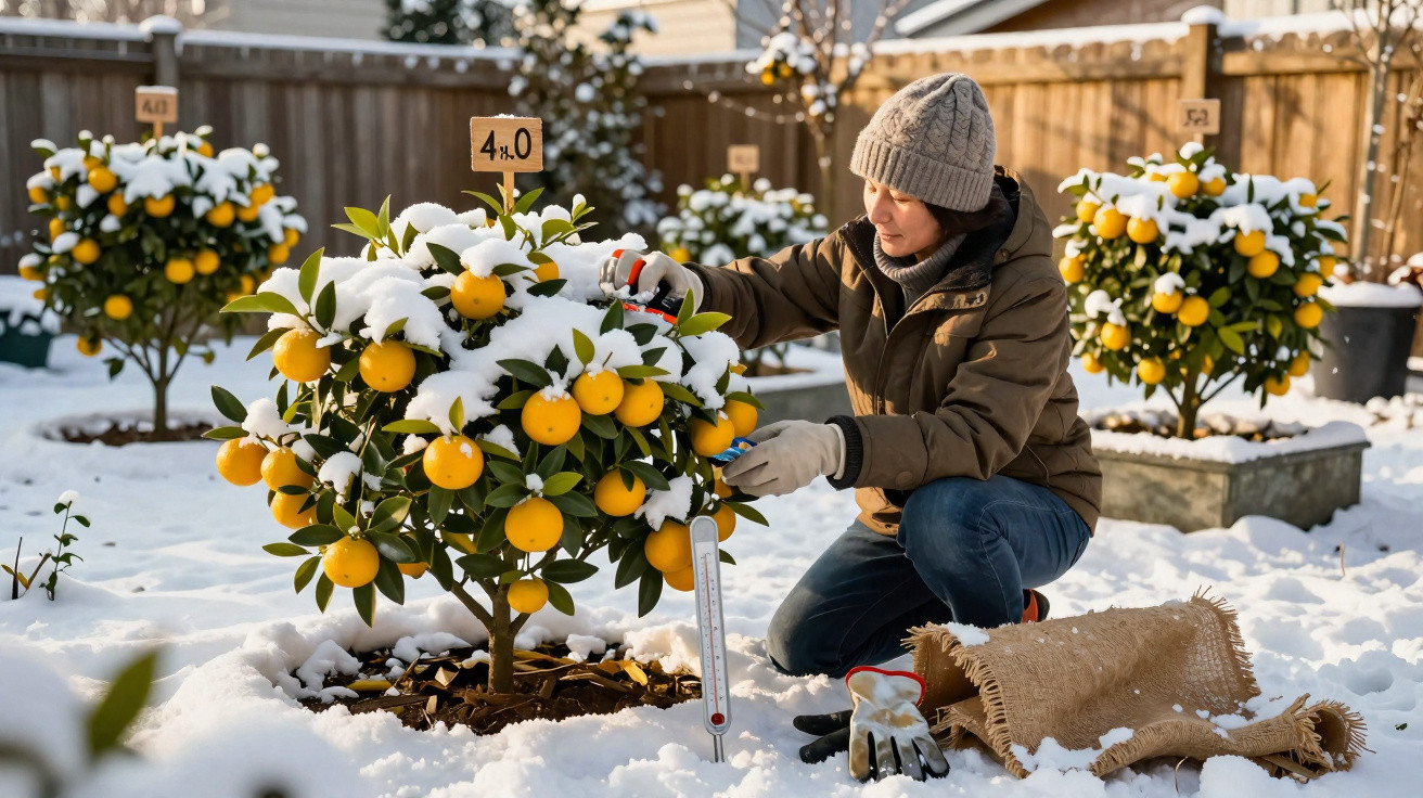 Mulher em jardim coberto de neve cuidando de mini laranjeira com termômetro e ferramentas.