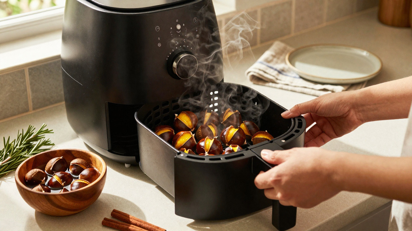 Pessoa retirando castanhas assadas fumegantes de uma fritadeira elétrica na cozinha.