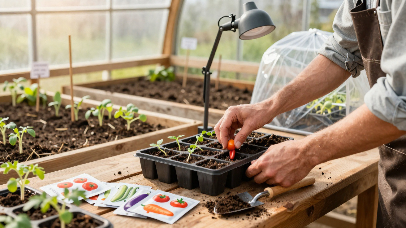 Pessoa plantando sementes de tomate em sementeira dentro de estufa com pacotes de sementes e ferramentas sobre mesa de madeir