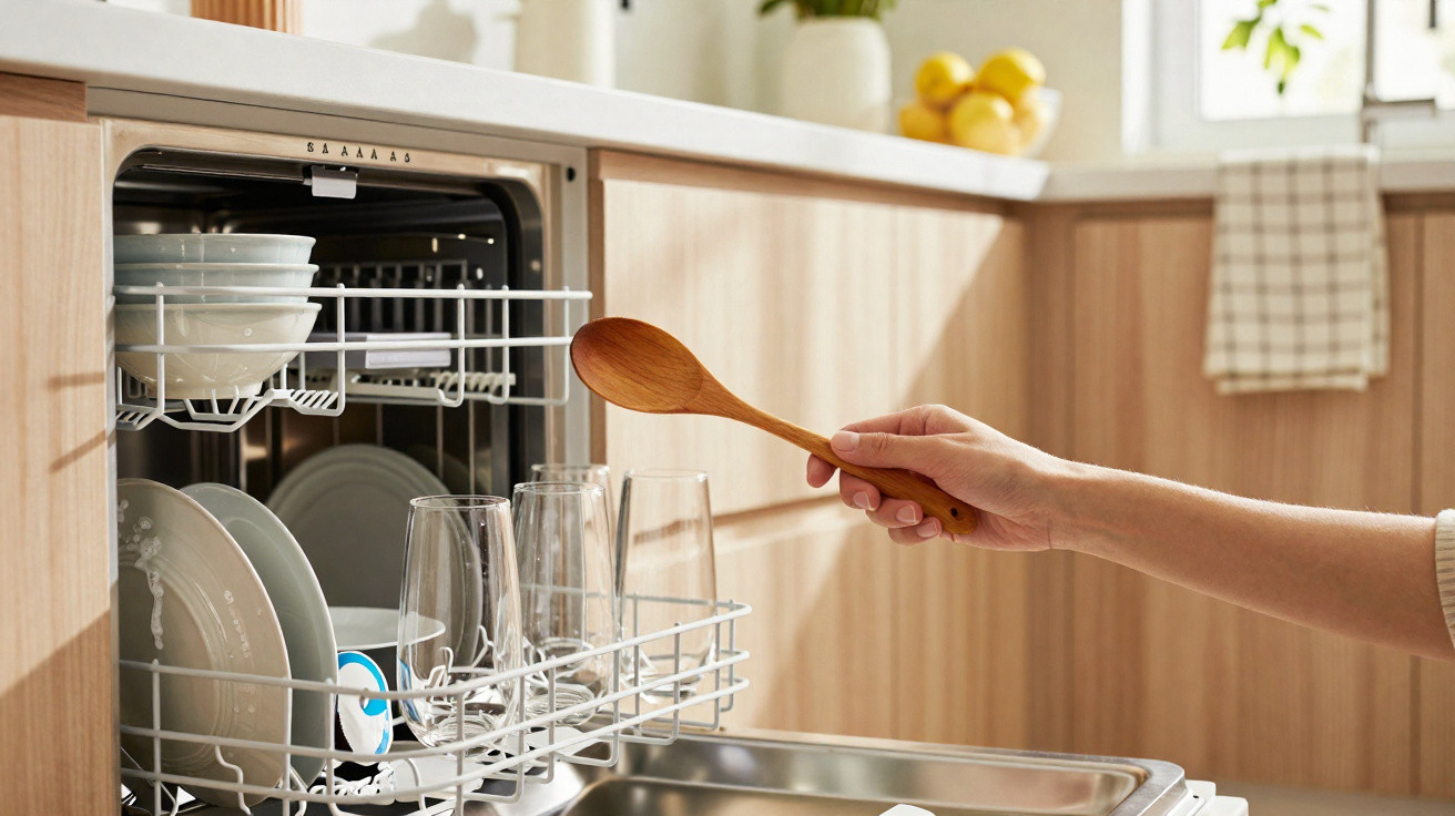 Pessoa segurando colher de pau próxima a máquina de lavar louça aberta em cozinha iluminada.