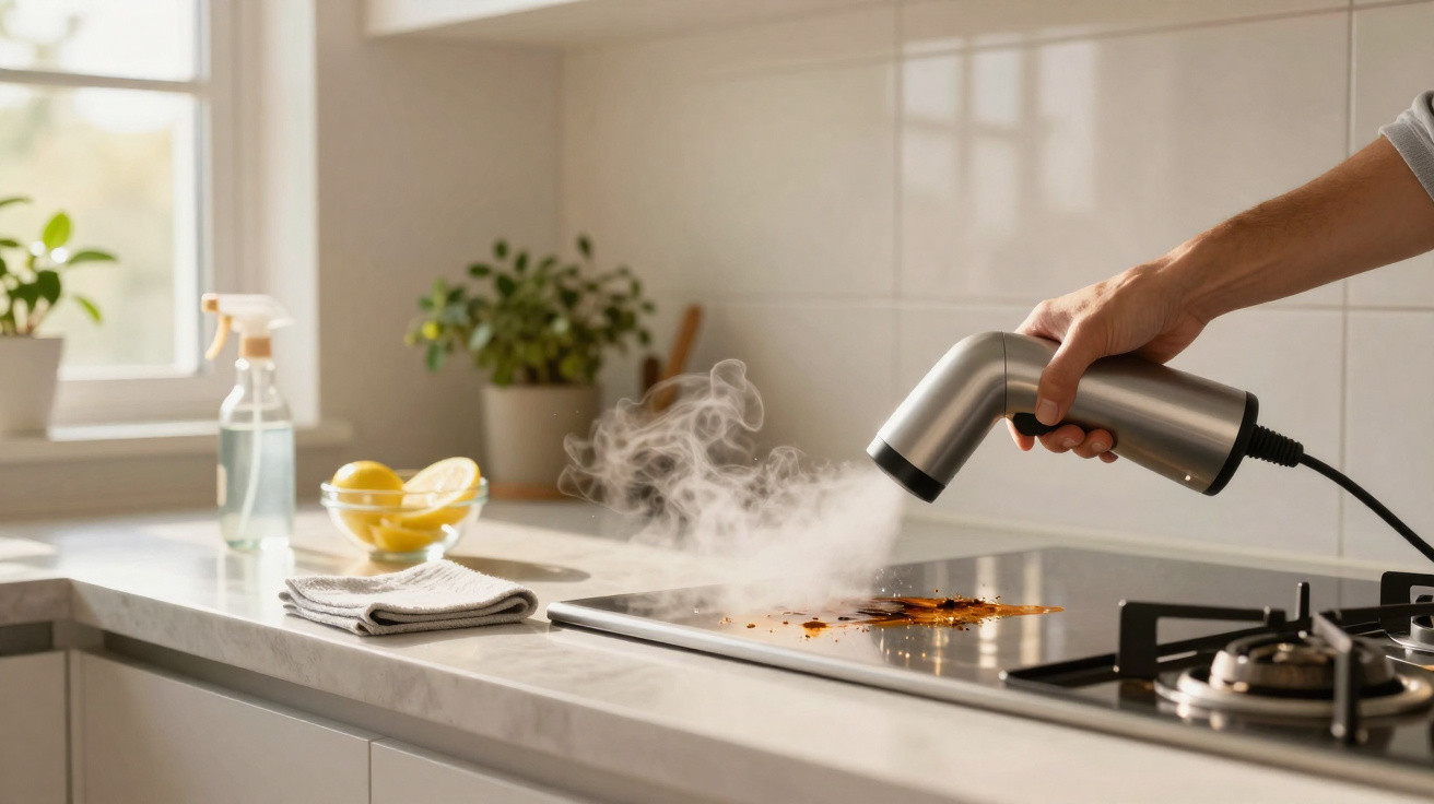 Mão usando vaporizador para limpar sujeira com vapor em superfície de fogão na cozinha iluminada.