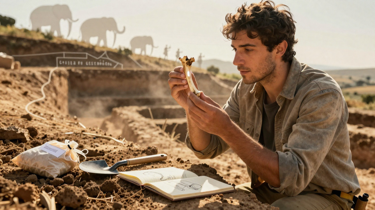 Homem estudando fragmento ósseo em sítio arqueológico ao ar livre em ambiente de savana.
