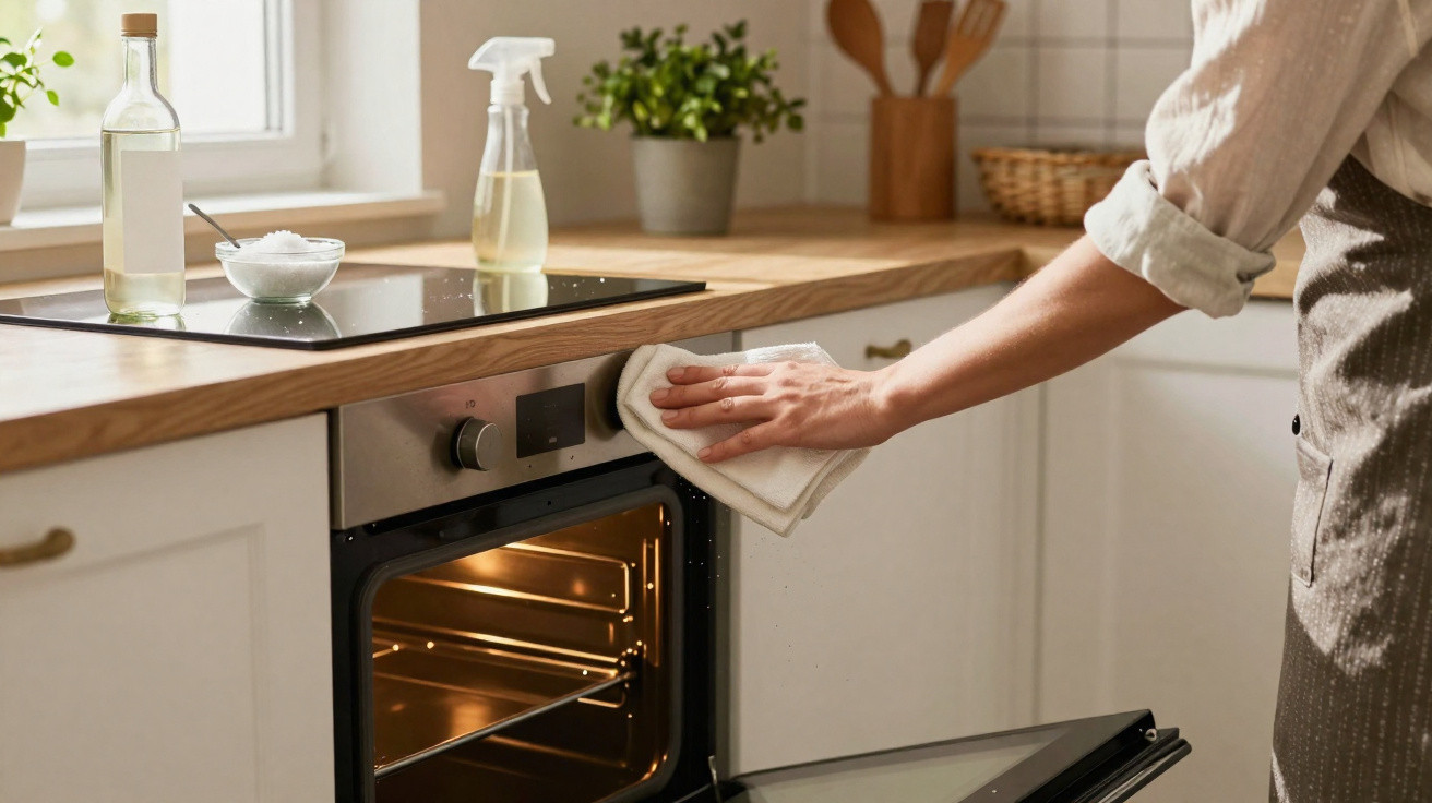 Pessoa limpando forno de cozinha moderna com pano branco e spray de limpeza ao lado na bancada de madeira.