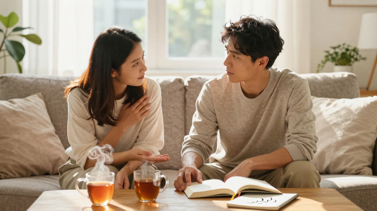 Casal sentado no sofá conversando, com duas xícaras de chá na mesa e um livro aberto.