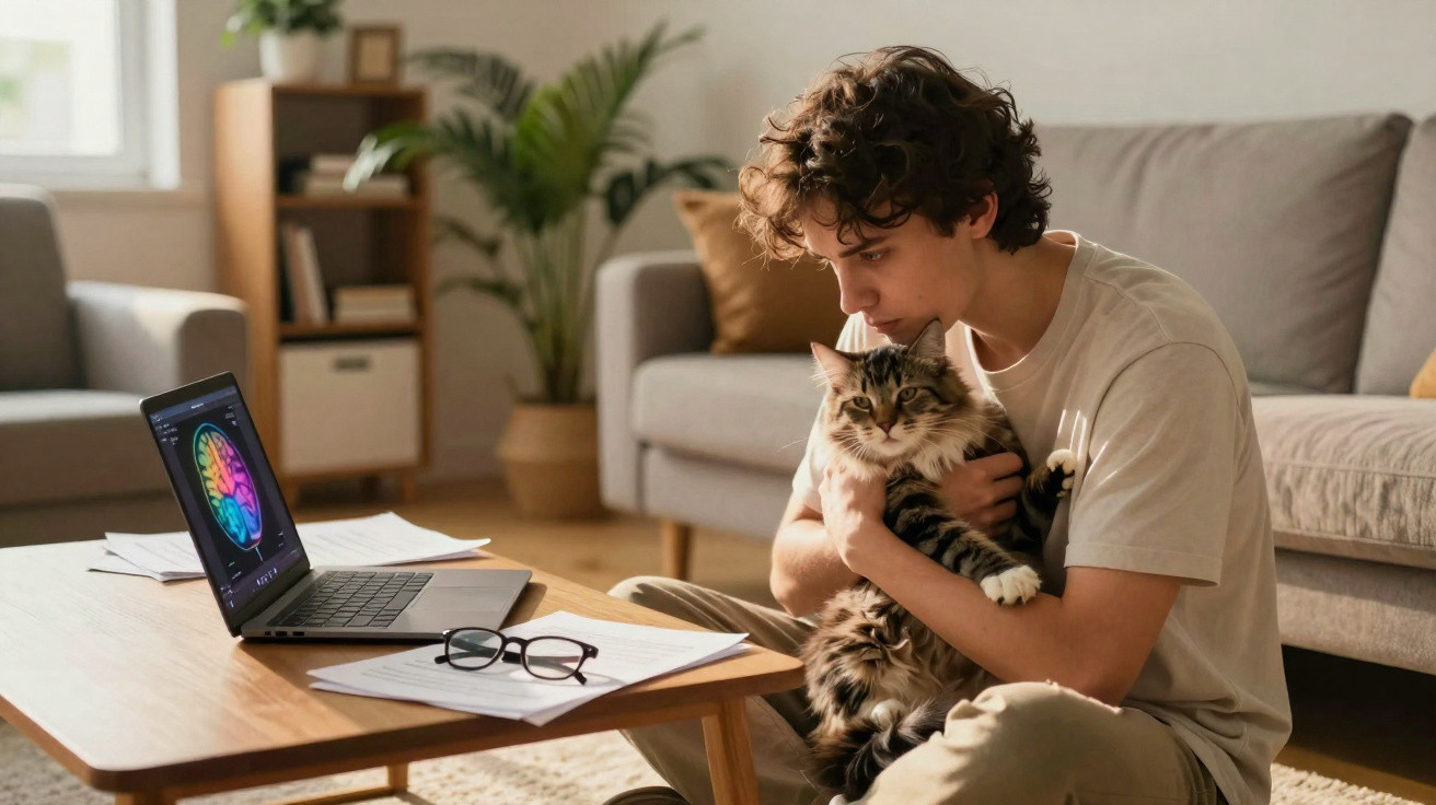 Jovem sentado no chão abraçando gato enquanto laptop e documentos estão sobre a mesa na sala.