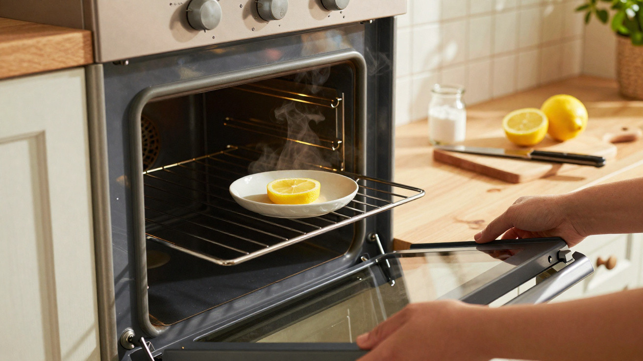 Pessoa retirando prato com limão quente de forno aberto em cozinha iluminada natural.