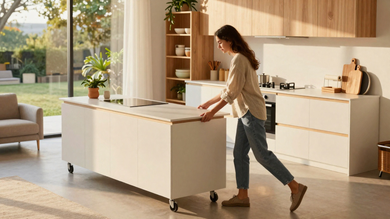 Mulher empurrando uma ilha móvel na cozinha moderna com iluminação natural e móveis claros.