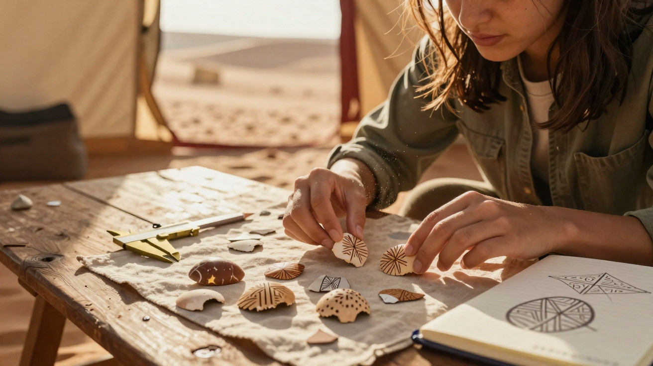 Mulher analisando fragmentos de cerâmica antiga e esboçando desenhos em caderno em ambiente de arqueologia.