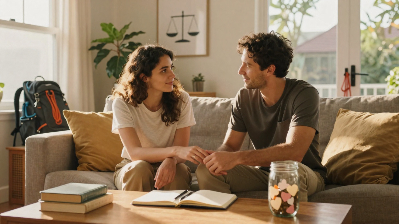 Casal sentado no sofá conversando, com livros e um pote de corações na mesa à frente.
