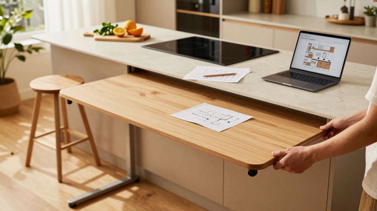 Bancada de cozinha com mesa retrátil de madeira e laptop aberto mostrando planta baixa na tela.