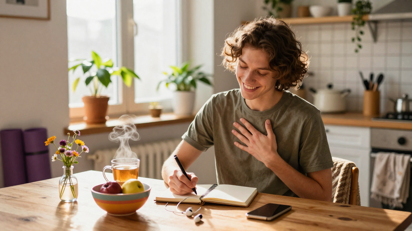 Pessoa sorridente escrevendo em um caderno na cozinha, com chá quente, frutas e fones de ouvido na mesa.