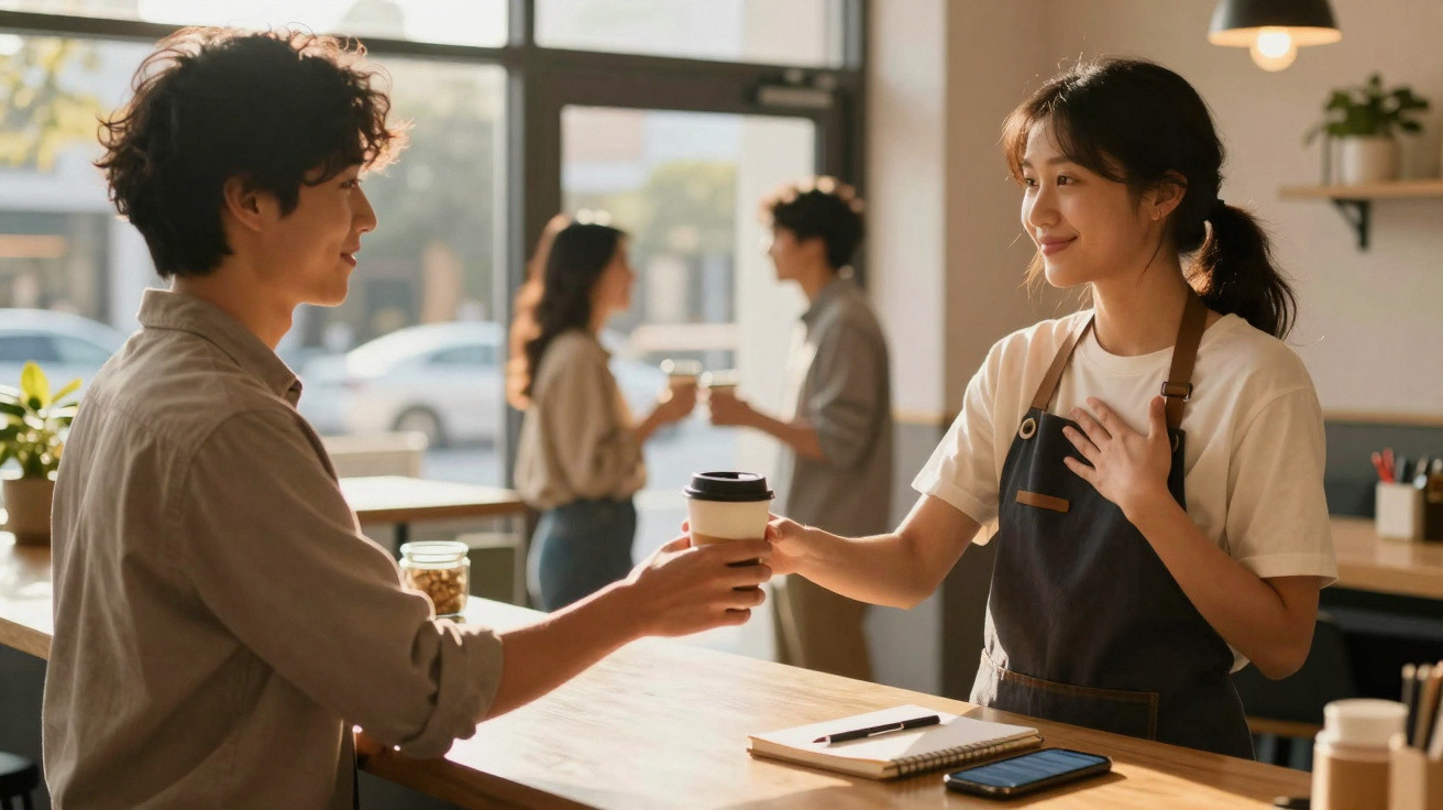 Cliente recebendo café de barista sorridente em cafeteria iluminada e acolhedora.