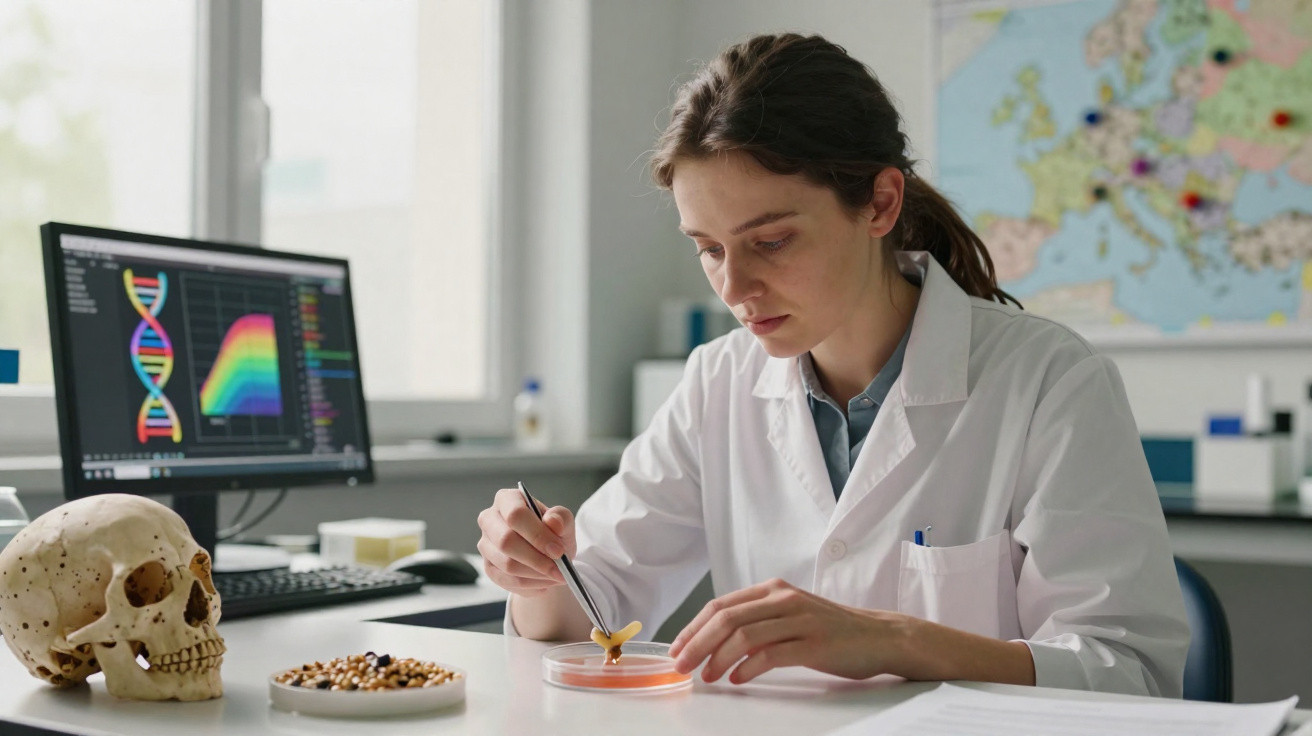 Cientista em laboratório usando jaleco analisa amostra em placa de petri com ferramentas e crânio na mesa.