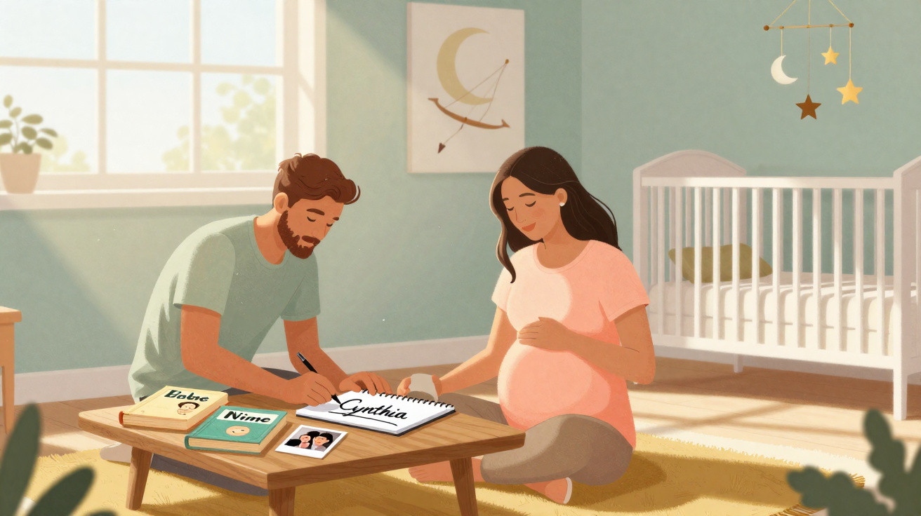 Casal em quarto de bebê escolhendo nome para filha, homem escrevendo 'Cynthia' em caderno.