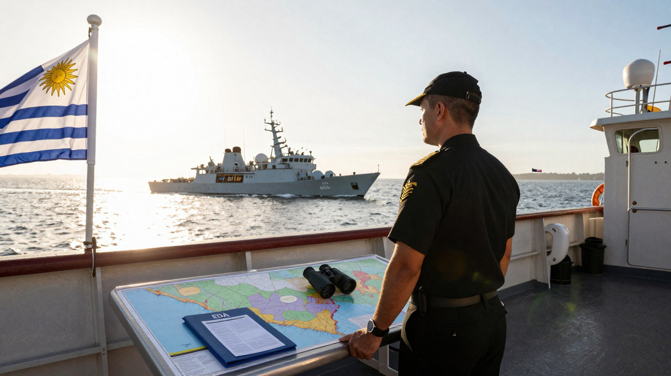 Marinheiro observa navio de guerra uruguaio ao pôr do sol, ao lado de mapa e binóculos no convés.