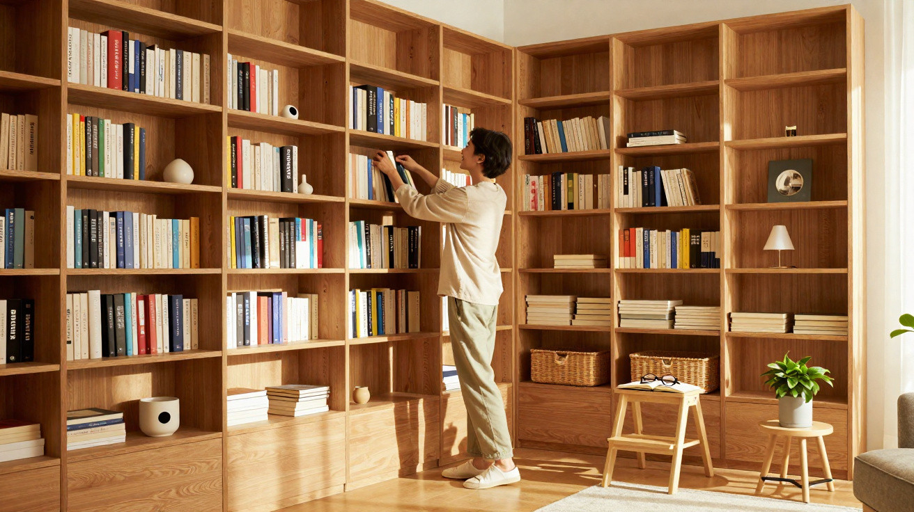Pessoa organizando livros em estante de madeira em sala bem iluminada com mobília minimalista e plantas.