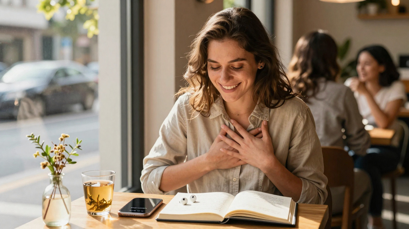 Mulher sorridente sentada em café lendo livro aberto com celular e chá na mesa de madeira clara.