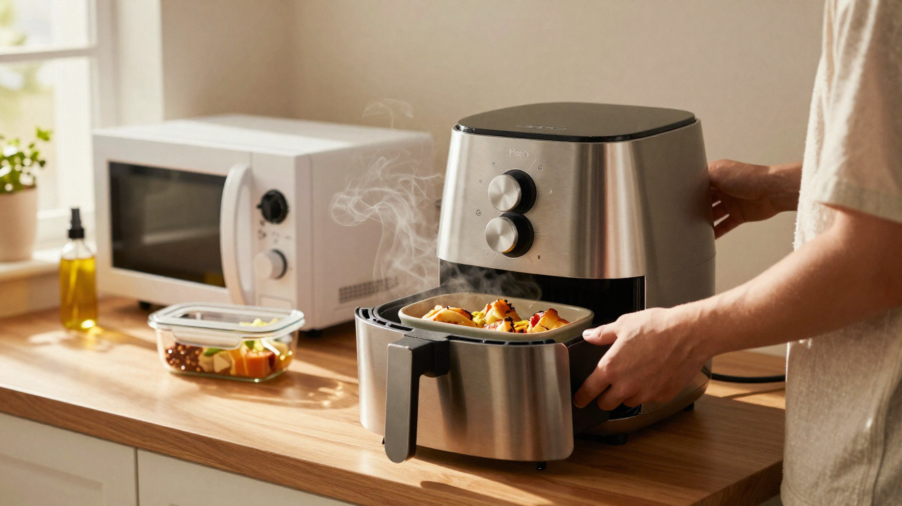 Pessoa retirando recipiente com comida quente e vapor de fritadeira elétrica na cozinha.