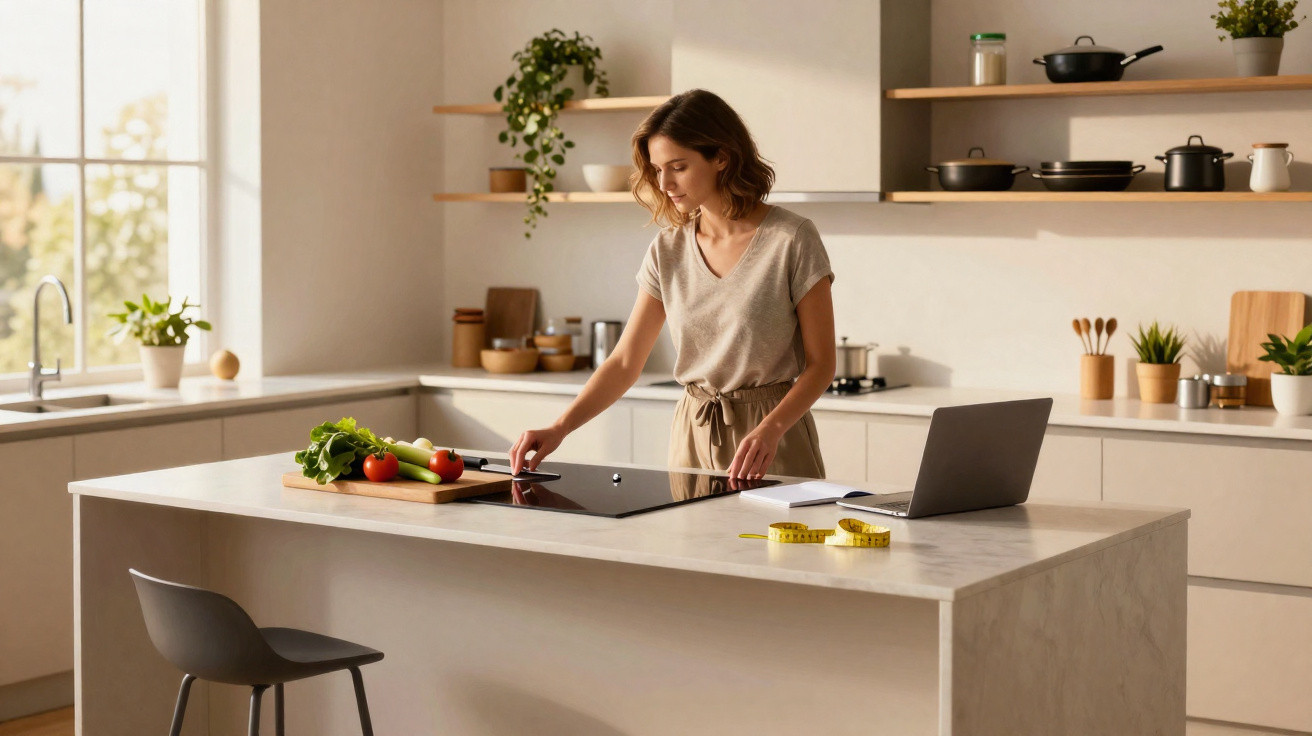 Mulher preparando alimentos em cozinha moderna com laptop e legumes sobre bancada clara.