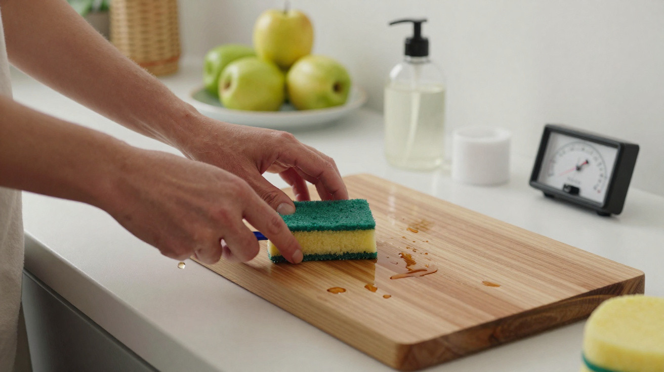 Mãos seguram esponja para limpar tábua de corte de madeira em cozinha com maçãs ao fundo.