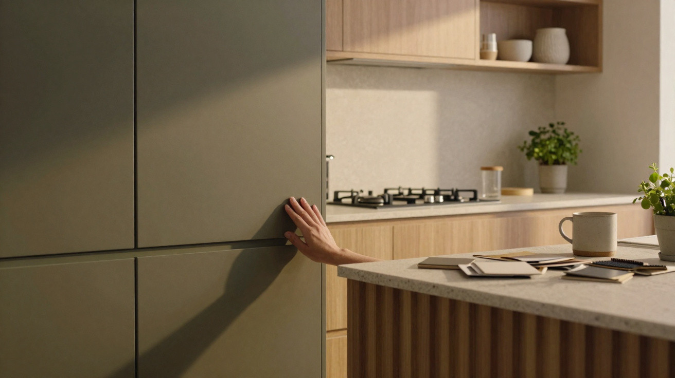 Mão abrindo a porta de geladeira verde em cozinha moderna com bancada e plantas decorativas.