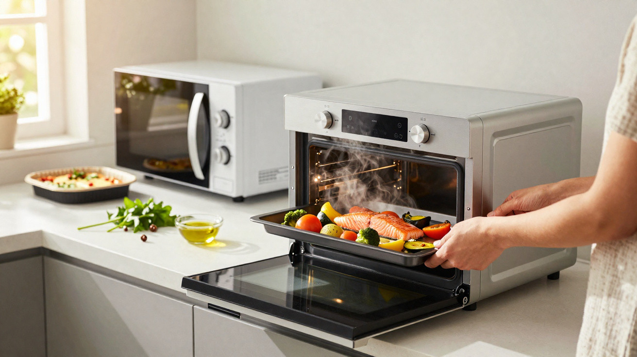 Mãos retirando prato com salmão e legumes cozidos de forno elétrico moderno na cozinha.