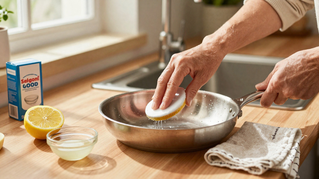 Pessoa limpando frigideira de aço inox com meio limão em cozinha iluminada.