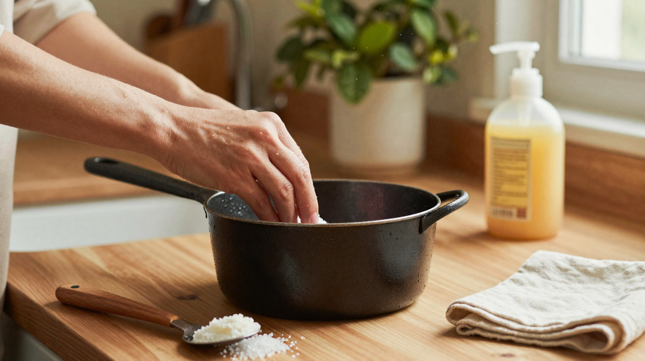Mãos colocando sal grosso em panela preta dentro de cozinha com bancada de madeira e sabonete líquido.