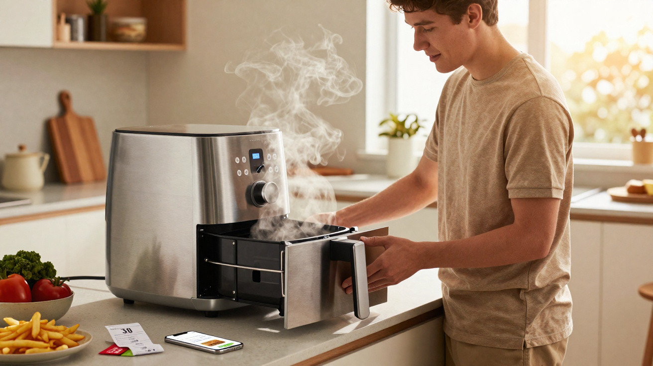 Homem retira alimentos quentes e vaporosos de uma airfryer inox na cozinha moderna.