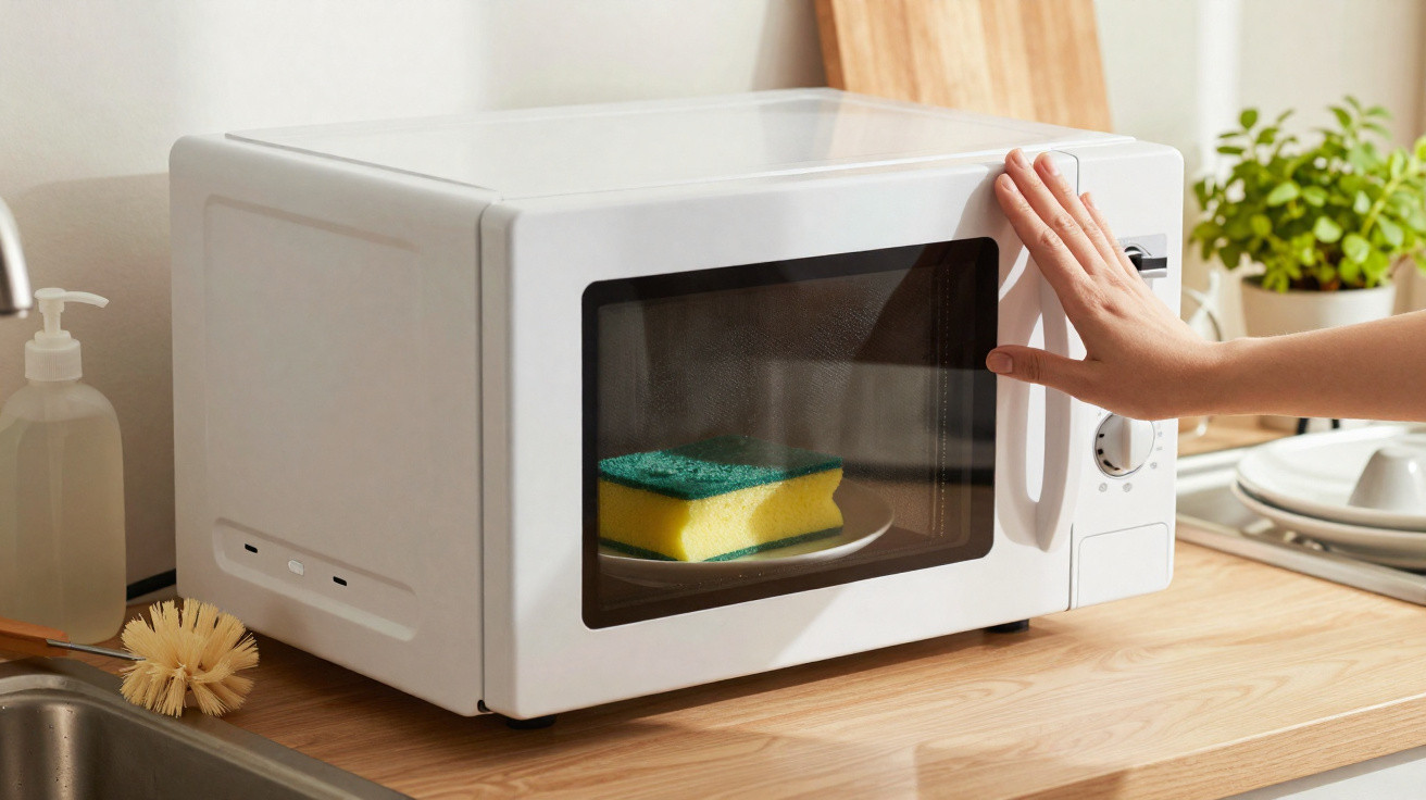Homem colocando esponja dentro do micro-ondas branco sobre bancada de cozinha.