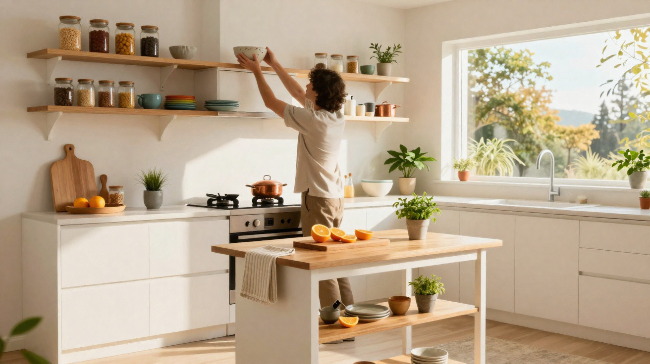 Pessoa organizando potes em prateleiras de cozinha clara com bancada, frutas e plantas decorativas.