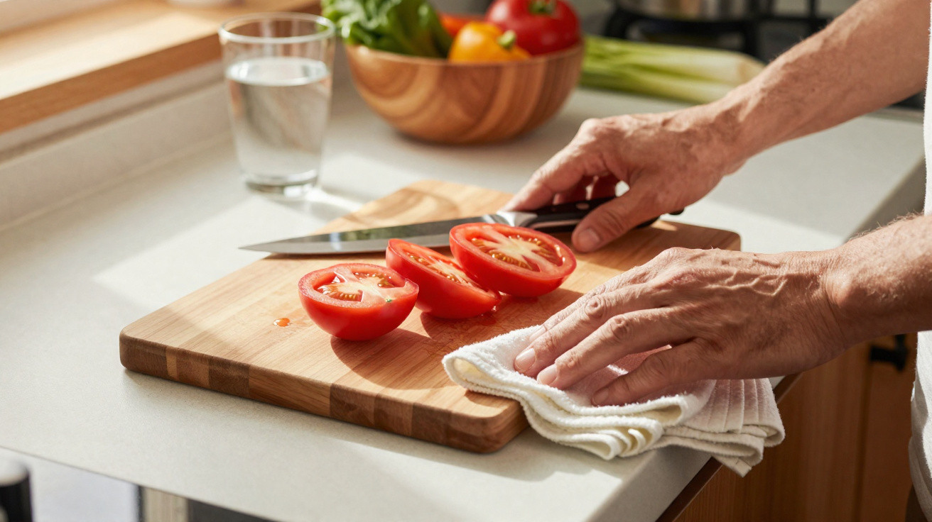 Mãos de pessoa limpando tábua de madeira com tomates cortados, faca e copo de água na cozinha.
