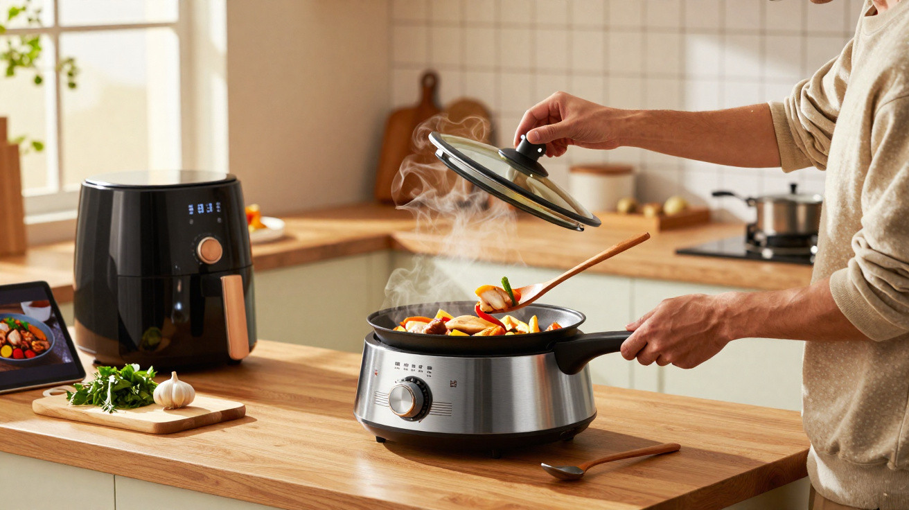Pessoa levantando a tampa de panela elétrica com alimentos cozinhando em cozinha moderna.