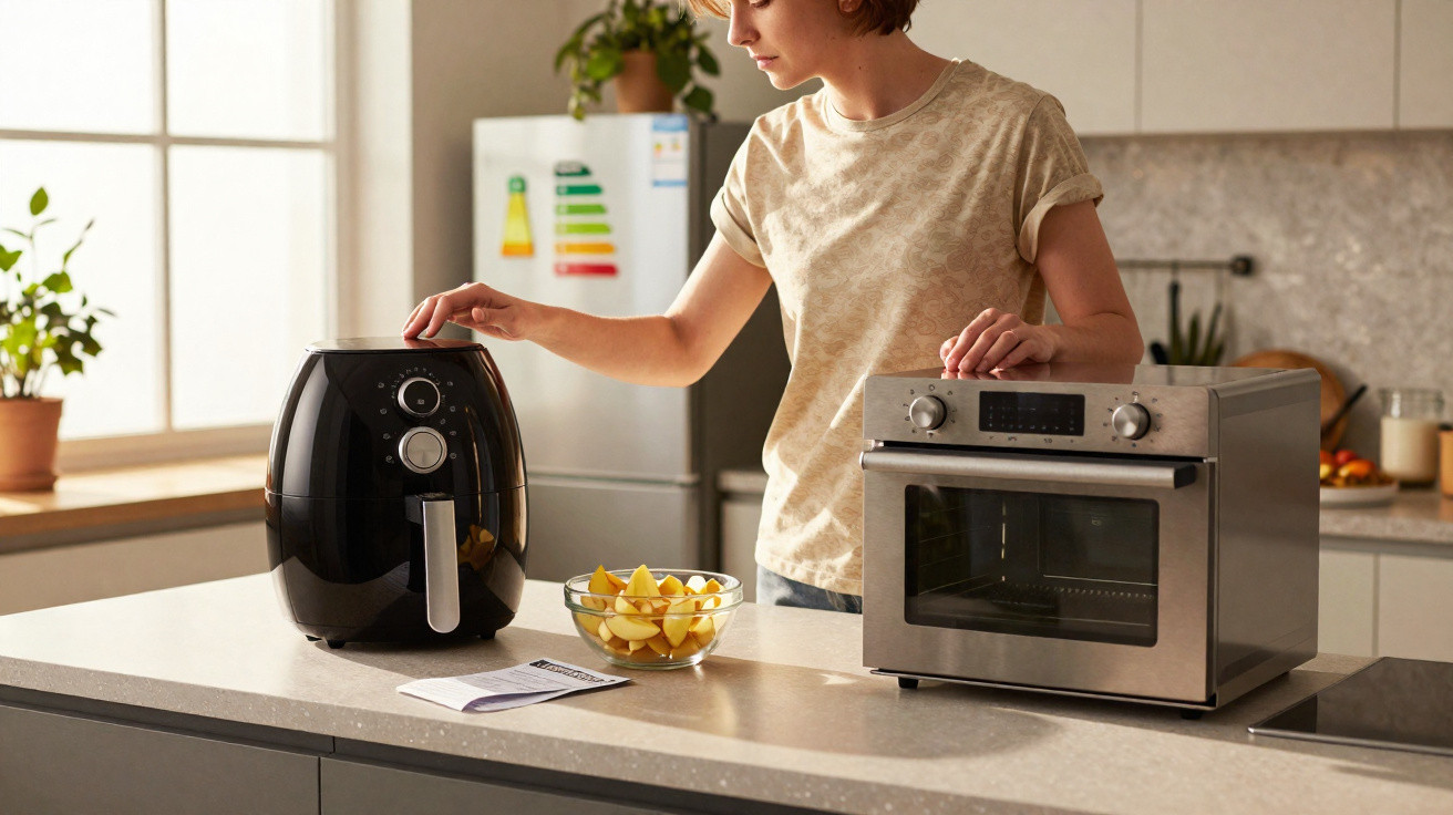 Pessoa ajustando uma air fryer preta na cozinha, com forno elétrico e tigela com batatas na bancada.