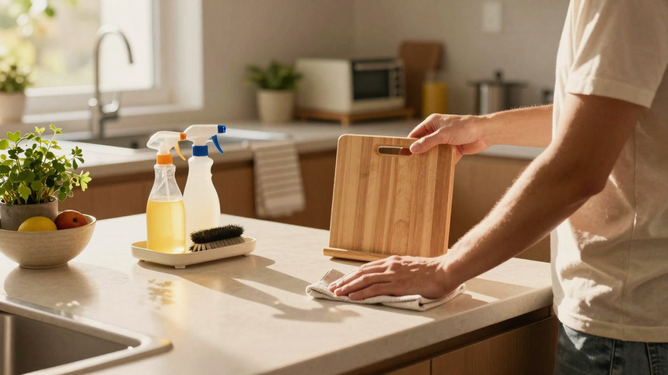 Pessoa limpando bancada de cozinha com pano, ao lado de utensílios de limpeza e plantas.