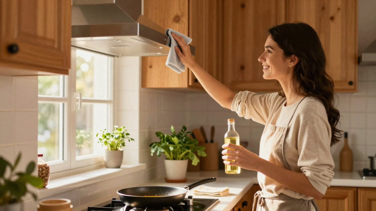 Mulher sorrindo limpando exaustor da cozinha enquanto segura óleo de cozinha.