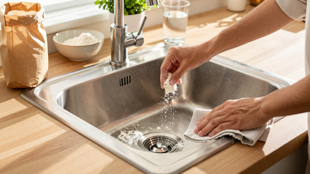 Pessoa limpando a pia de aço inox com pano e removendo resíduos de farinha em cozinha iluminada.