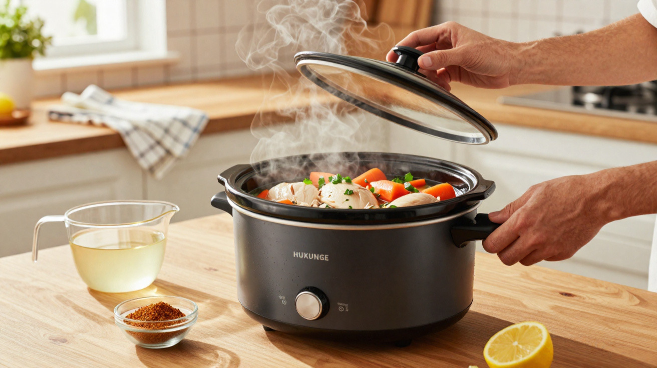 Panela elétrica preta com comida cozinhando e vapor saindo enquanto tampa é levantada na cozinha.