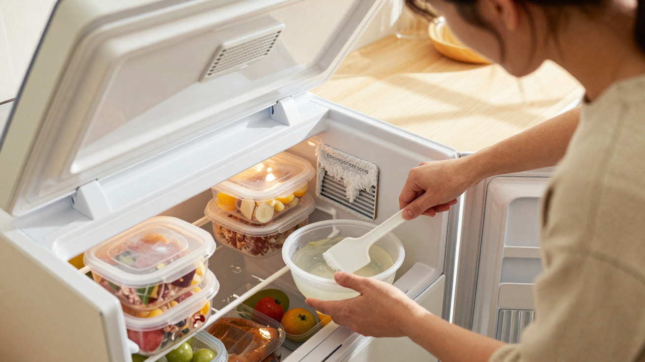 Pessoa raspando gelo acumulado no freezer com uma espátula branca, ao abrir a porta do congelador.