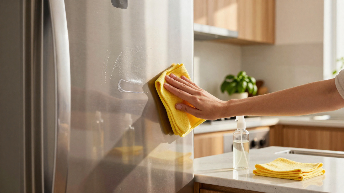Mão limpando geladeira inox com pano amarelo em cozinha moderna e bem iluminada.