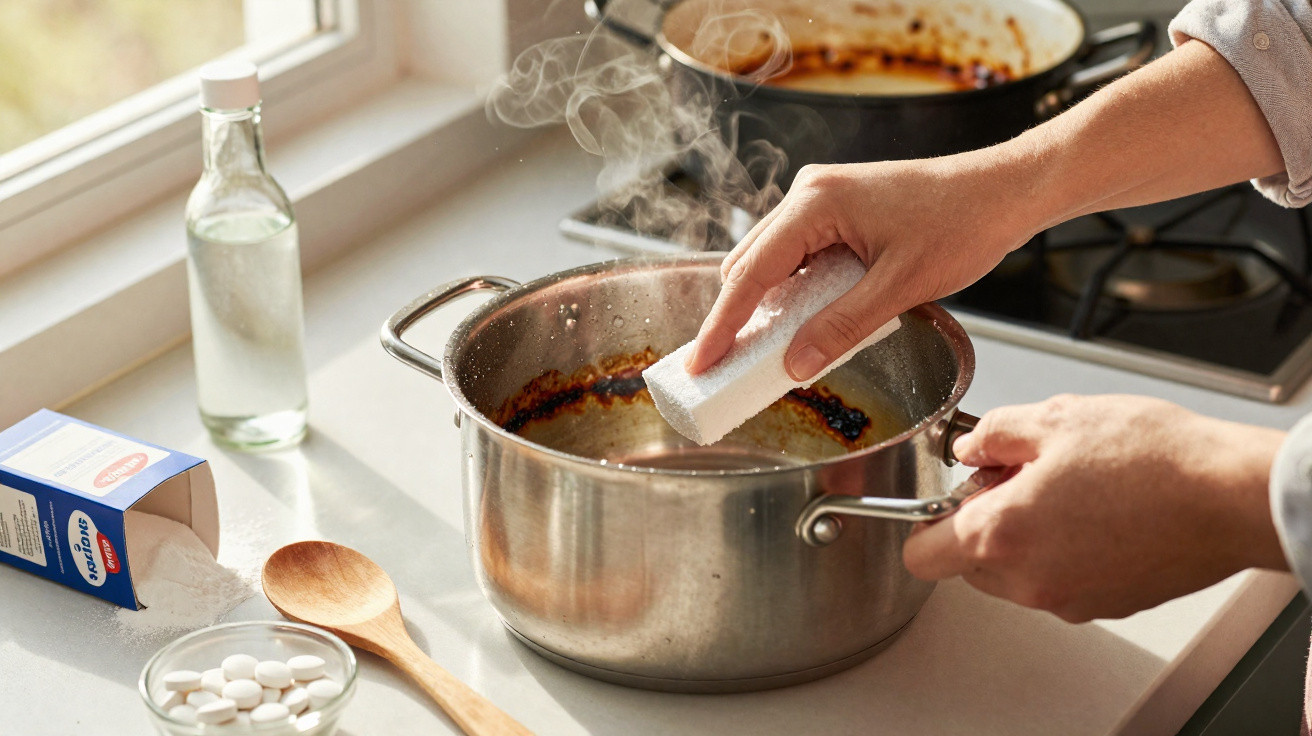 Pessoa limpando panela queimada com esponja em cozinha ensolarada, com utensílios ao redor.