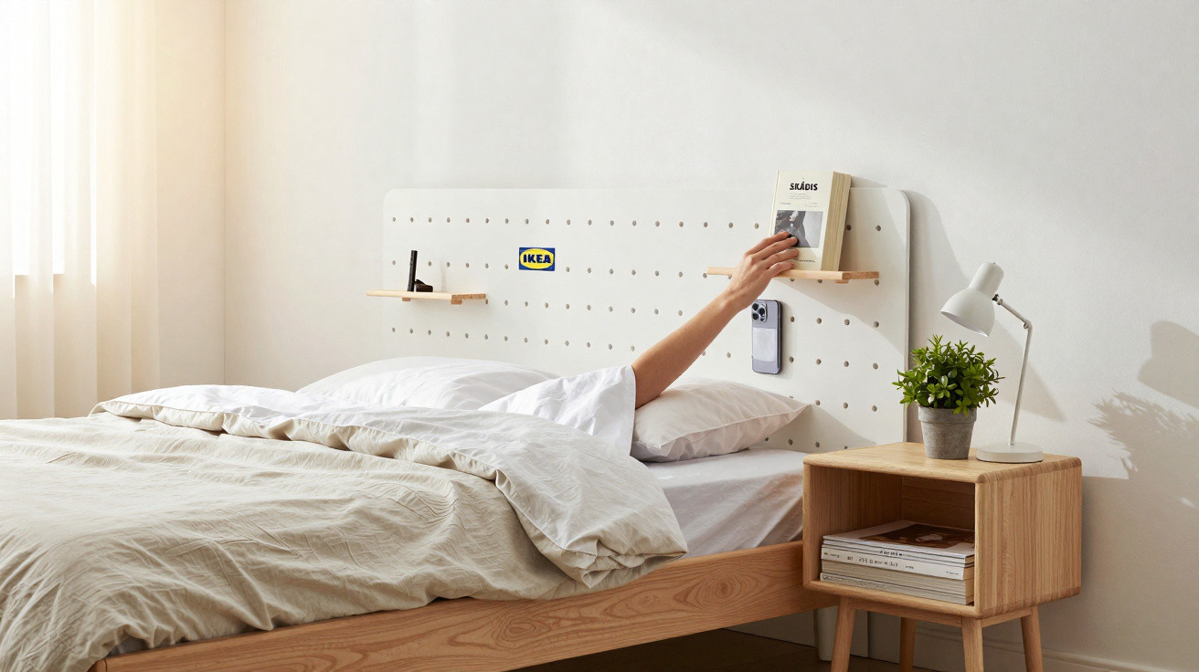 Cama de madeira clara com painel branco onde uma pessoa alcança um livro, ao lado mesa de cabeceira com planta e luminária.