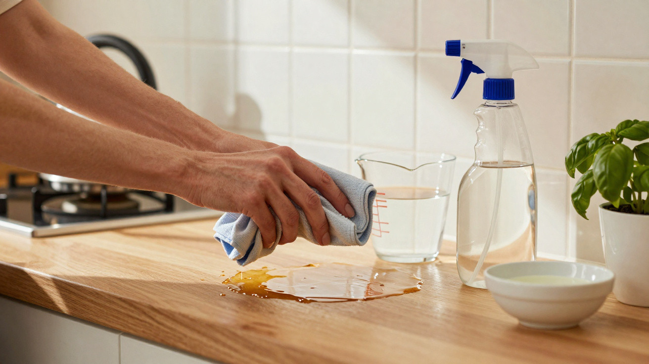 Pessoa limpando líquido derramado em bancada de cozinha com pano azul e borrifador ao lado.