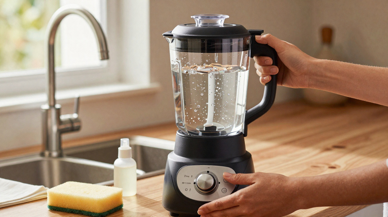 Pessoa ligando liquidificador preto com água na cozinha, perto da pia e esponja amarela.