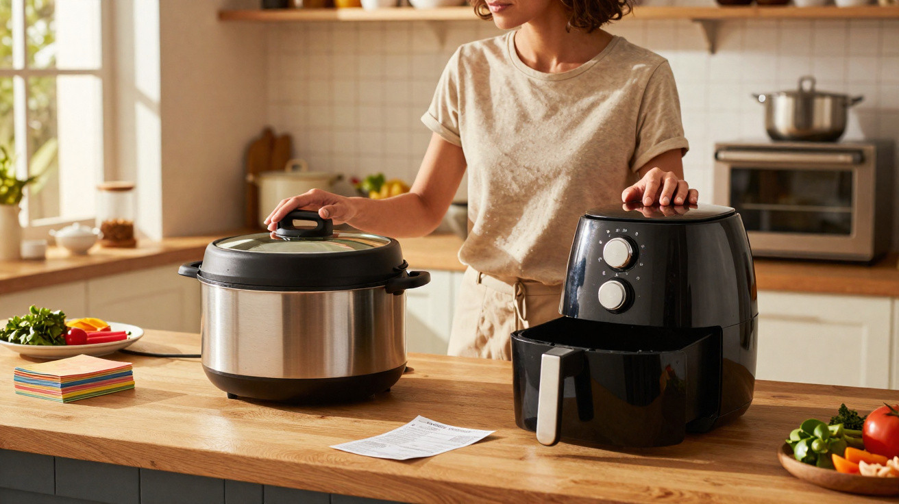 Mulher na cozinha usando panela elétrica e air fryer sobre bancada de madeira.